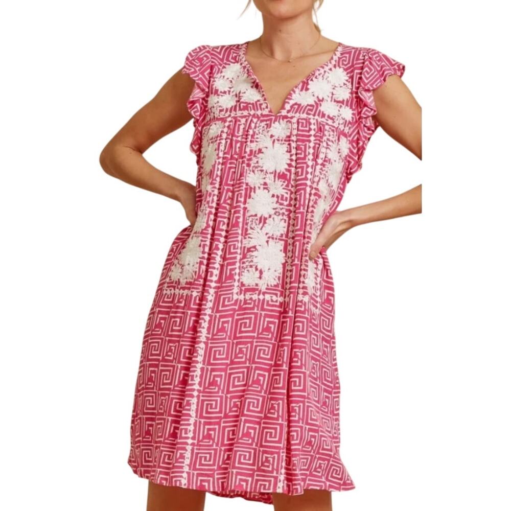 Savanna Jane Bright Pink Geometric Floral Embroidered Short Sleeve Shift Dress